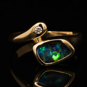 Yellow Gold Blue Green Purple Boulder Opal and Diamond Ring