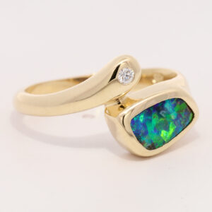 Yellow Gold Blue Green Purple Boulder Opal and Diamond Ring