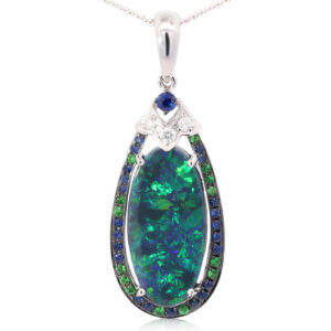 White Gold Blue Green Purple Solid Australian Black Opal Sapphire Diamond and Green Garnet Pendant Necklace