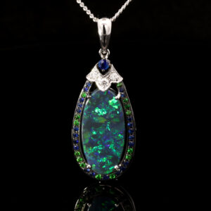 White Gold Blue Green Purple Solid Australian Black Opal Sapphire Diamond and Green Garnet Pendant Necklace