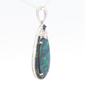 White Gold Blue Green Purple Solid Australian Black Opal Sapphire Diamond and Green Garnet Pendant Necklace