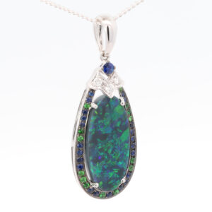 White Gold Blue Green Purple Solid Australian Black Opal Sapphire Diamond and Green Garnet Pendant Necklace