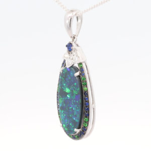 White Gold Blue Green Purple Solid Australian Black Opal Sapphire Diamond and Green Garnet Pendant Necklace