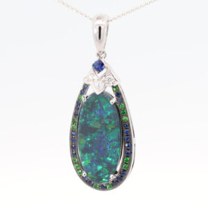 White Gold Blue Green Purple Solid Australian Black Opal Sapphire Diamond and Green Garnet Pendant Necklace