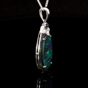 White Gold Blue Green Purple Solid Australian Black Opal Sapphire Diamond and Green Garnet Pendant Necklace