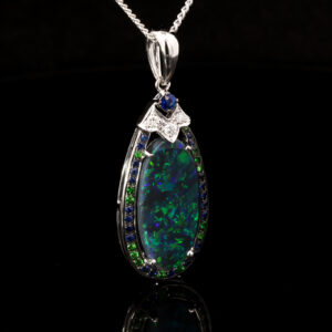 White Gold Blue Green Purple Solid Australian Black Opal Sapphire Diamond and Green Garnet Pendant Necklace