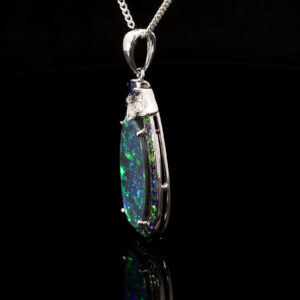 White Gold Blue Green Purple Solid Australian Black Opal Sapphire Diamond and Green Garnet Pendant Necklace