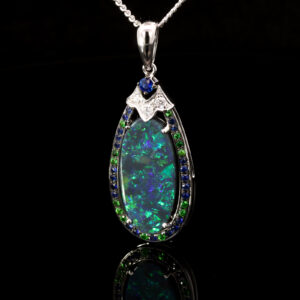 White Gold Blue Green Purple Solid Australian Black Opal Sapphire Diamond and Green Garnet Pendant Necklace