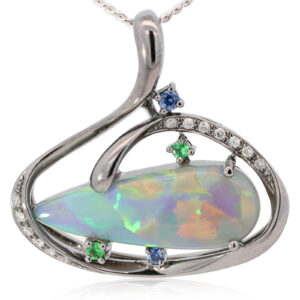 White Gold Blue Green Yellow Orange Red Semi Black Opal Diamond Sapphire and Green Garnet Pendant