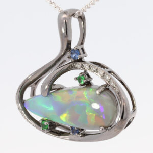 White Gold Blue Green Yellow Orange Red Solid Australian Semi Black Opal Diamond Sapphire and Green Garnet Pendant Necklace