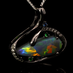 White Gold Blue Green Yellow Orange Red Solid Australian Semi Black Opal Diamond Sapphire and Green Garnet Pendant Necklace