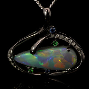 White Gold Blue Green Yellow Orange Red Solid Australian Semi Black Opal Diamond Sapphire and Green Garnet Pendant Necklace