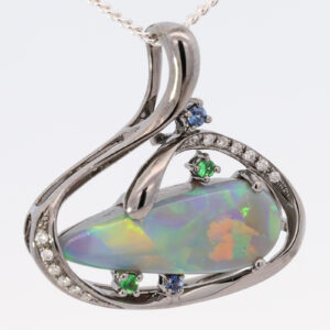 White Gold Blue Green Yellow Orange Red Solid Australian Semi Black Opal Diamond Sapphire and Green Garnet Pendant Necklace