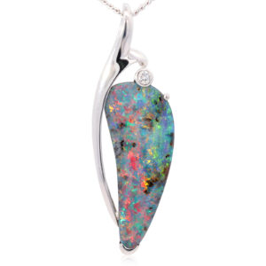 White Gold Blue Green Yellow Orange Red Solid Australian Boulder Opal and Diamond Pendant