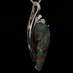 White Gold Blue Green Yellow Orange Red Boulder Opal and Diamond Pendant