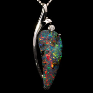 White Gold Blue Green Yellow Orange Red Boulder Opal and Diamond Pendant