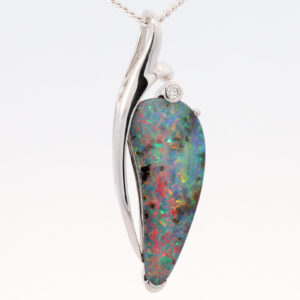 White Gold Blue Green Yellow Orange Red Boulder Opal and Diamond Pendant