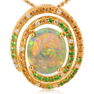 Yellow Gold Blue Green Yellow Orange Semi Black Opal, Diamond, Garnet and Sapphire Pendant