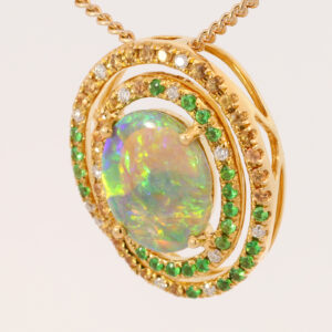 Yellow Gold Blue Green Yellow Orange Solid Australian Semi Black Opal, Diamond, Garnet and Sapphire Pendant Necklace