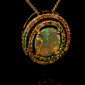 Yellow Gold Blue Green Yellow Orange Solid Australian Semi Black Opal, Diamond, Garnet and Sapphire Pendant Necklace