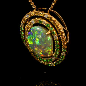 Yellow Gold Blue Green Yellow Orange Solid Australian Semi Black Opal, Diamond, Garnet and Sapphire Pendant Necklace