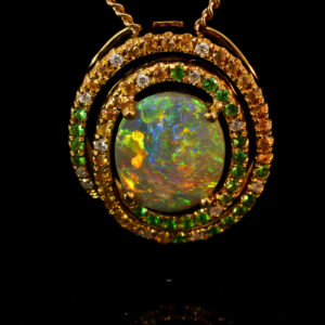 Yellow Gold Blue Green Yellow Orange Solid Australian Semi Black Opal, Diamond, Garnet and Sapphire Pendant Necklace