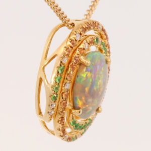 Yellow Gold Blue Green Yellow Orange Solid Australian Semi Black Opal, Diamond, Garnet and Sapphire Pendant Necklace