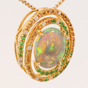 Yellow Gold Blue Green Yellow Orange Solid Australian Semi Black Opal, Diamond, Garnet and Sapphire Pendant Necklace