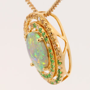 Yellow Gold Blue Green Yellow Orange Solid Australian Semi Black Opal, Diamond, Garnet and Sapphire Pendant Necklace