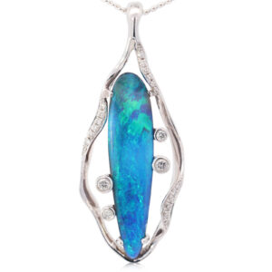 White Gold Blue Green Boulder Opal and Diamond Pendant