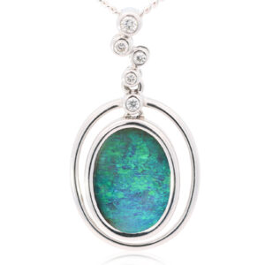 White Gold Blue Green Boulder Opal and Diamond Pendant