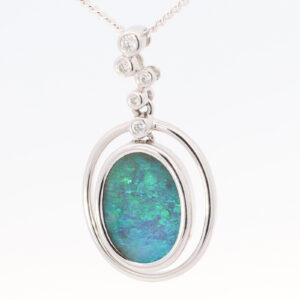 White Gold Blue Green Boulder Opal and Diamond Pendant