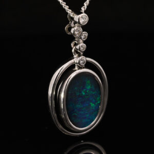 White Gold Blue Green Boulder Opal and Diamond Pendant