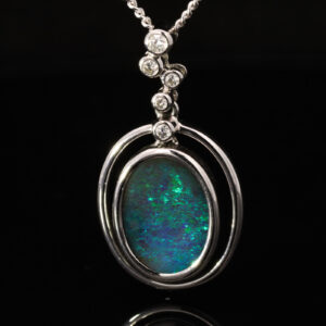 White Gold Blue Green Boulder Opal and Diamond Pendant