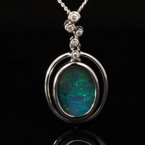 White Gold Blue Green Boulder Opal and Diamond Pendant