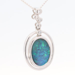 White Gold Blue Green Boulder Opal and Diamond Pendant