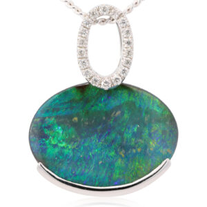 White Gold Blue Green Boulder Opal and Diamond Pendant