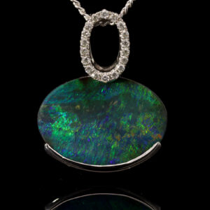 White Gold Blue Green Boulder Opal and Diamond Pendant