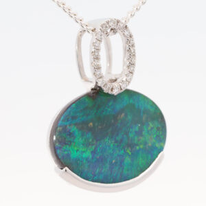 White Gold Blue Green Boulder Opal and Diamond Pendant