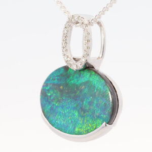 White Gold Blue Green Boulder Opal and Diamond Pendant