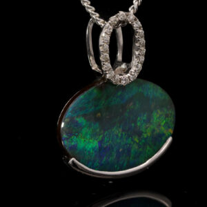 White Gold Blue Green Boulder Opal and Diamond Pendant