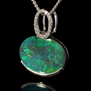 White Gold Blue Green Boulder Opal and Diamond Pendant