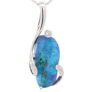 White Gold Blue Green Boulder Opal and Diamond Pendant