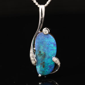 White Gold Blue Green Boulder Opal and Diamond Pendant