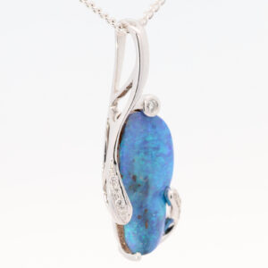 White Gold Blue Green Boulder Opal and Diamond Pendant