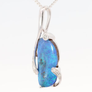 White Gold Blue Green Boulder Opal and Diamond Pendant