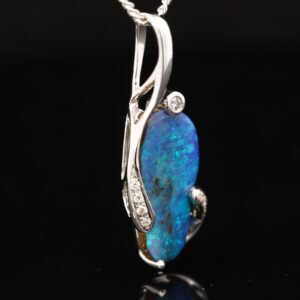 White Gold Blue Green Boulder Opal and Diamond Pendant