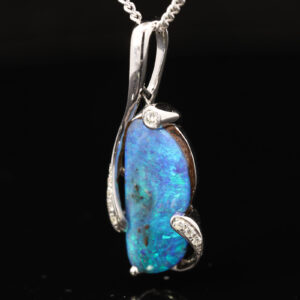 White Gold Blue Green Boulder Opal and Diamond Pendant