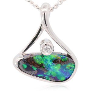 White Gold Blue Green Boulder Opal and Diamond Pendant