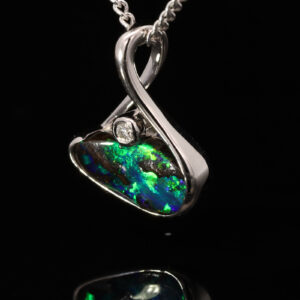 White Gold Blue Green Solid Australian Boulder Opal and Diamond Pendant Necklace